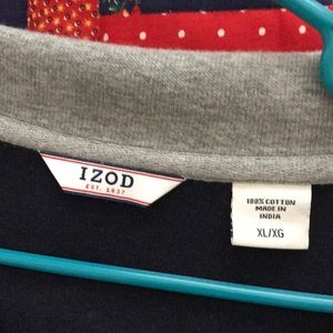 Mens navy blue pullover shirt with zipper in front.